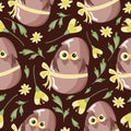 seamless pattern with an icon of a brown owl sitting in a brown egg with a bow and with colorful flowers on a brown background Royalty Free Stock Photo